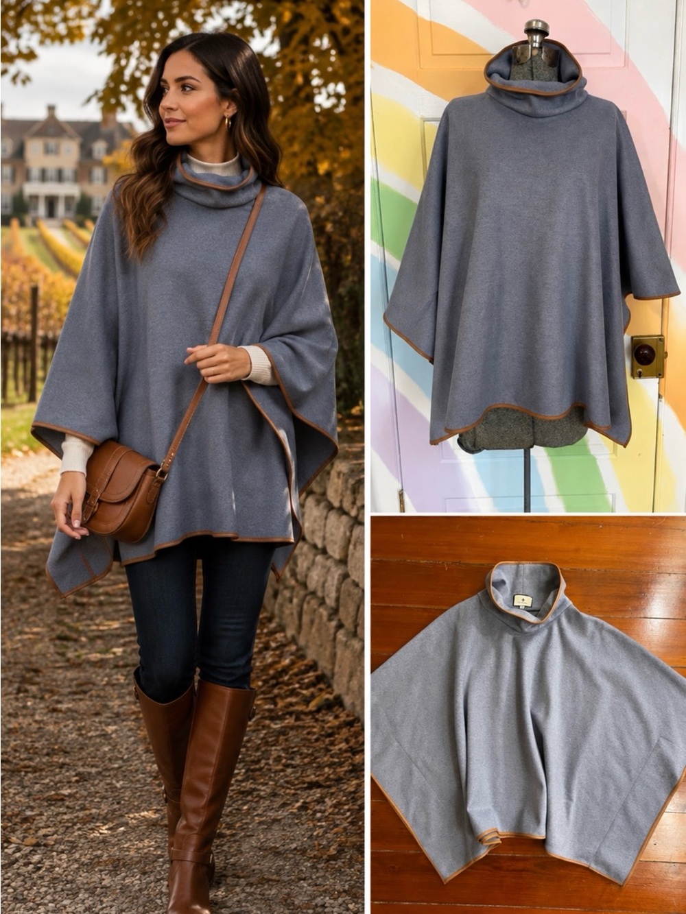 Tuckernuck Piper Poncho Blue Gray Slate Funnel Neck Leather Trim Cape OS 🧡🎀